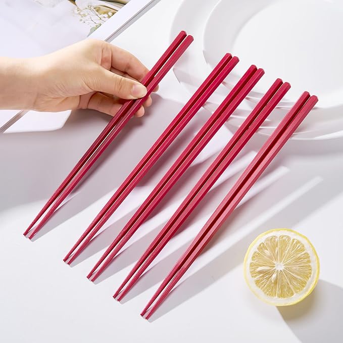 10 Pairs Fiberglass Chopsticks Non-Slip Tips, Dishwasher Safe & Reusable Japanese Korean Chopsticks for Sushi Ramen, 9.63 inch/24.5cm Chop Sticks for Family Restaurant- Red