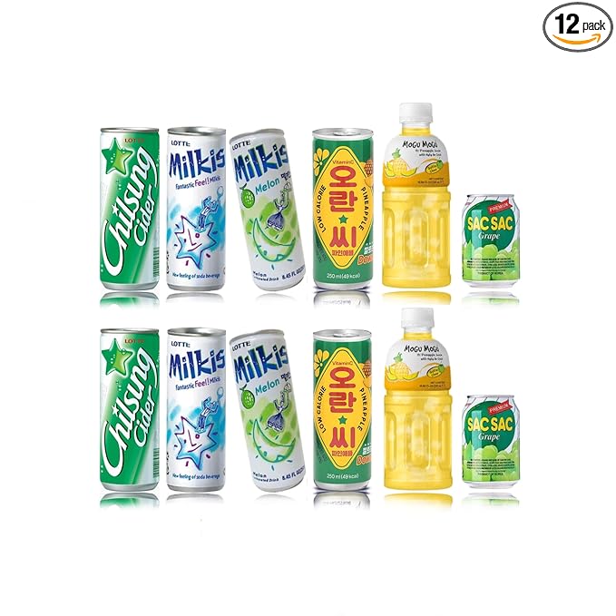 FRKR Korean 10 &12 Drinks Assortment Gift Box [Chilsung Cider/Mikis/Demisoda/Banana Milk/McCOL/MoguMogu/2%/SacSac/Etc.] Soft Drinks + Real Fruit Drinks + Energy Drinks (12, Sunny Day)