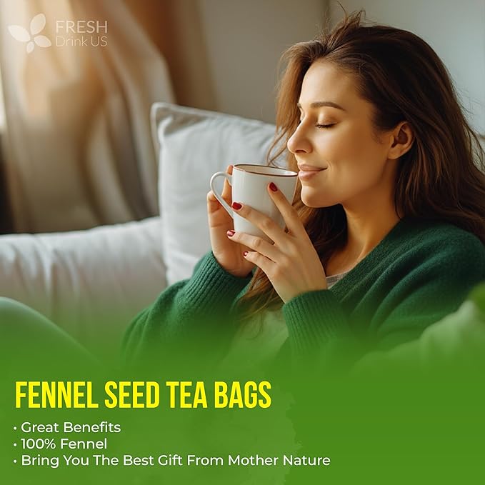 FreshDrinkUS, Premium 135 Fennel Tea Bags, 100% Natural & Pure from Fennel Seeds. Made with Natural Material Tea Bags. No Sugar, No Caffeine, No Gluten, Vegan.