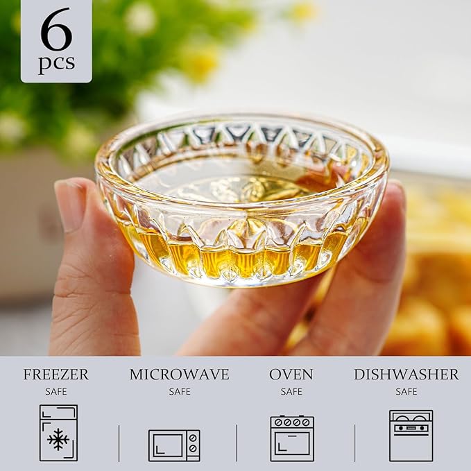 kanpura Mini Glass Bowls, Round Prep Bowl, Dishwasher Safe, Pinch Bowls for Dipping Spices Sauce, Stackable, 2 oz, Set of 6, (Clear)