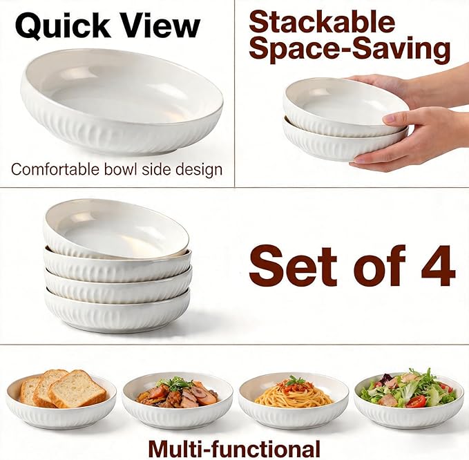 8 Inch Ceramic Pasta Bowls 6 Pack,34 Oz White Serving Bowls - Microwave, Dishwasher & Oven Safe, Shallow Soup Bowls for Salad, Pasta, Cereal