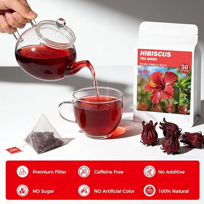 50 Bags Premium Natural Hibiscus Tea, 100% Pure Organic Hibiscus Flowers Herbal Tea, Caffeine-Free, Rich in Natural Goodness and Flavor, No Sugar, Gluten-Free, Vegan