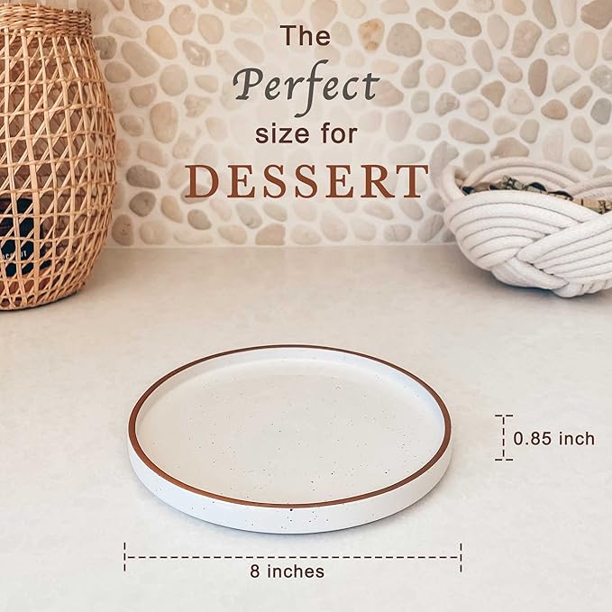 MORA Ceramic Flat Plates Set of 6-8 in - The Dessert, Salad, Appetizer, Small Lunch, etc Plate. Microwave, Oven, and Dishwasher Safe, Scratch Resistant. Kitchen Porcelain Dish - Vanilla White