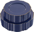 WDF 100pcs Blue Plastic Plates - Baroque Blue&Gold Disposable Plates for Parties/Wedding-50Plastic Dinner Plates 10.25in, 50Salad Plates 7.5in for Party/Birthday/Wedding/Independence Day