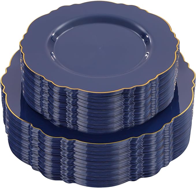 WDF 100pcs Blue Plastic Plates - Baroque Blue&Gold Disposable Plates for Parties/Wedding-50Plastic Dinner Plates 10.25in, 50Salad Plates 7.5in for Party/Birthday/Wedding/Independence Day