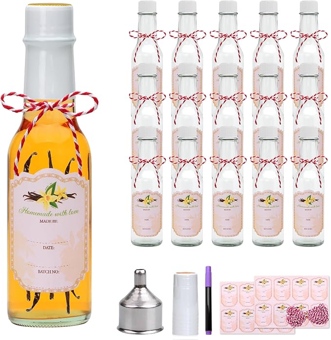 5oz Hot Sauce Bottles with Lids,Clear Woozy Bottles with Shrink Capsules,Small Wine Making Bottles With Lids for Bottling,Empty 5oz Glass Vanilla Extract Bottles With White Caps Set of 16