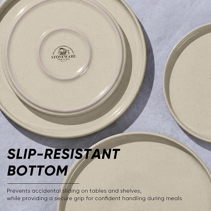 E-far Dinner Plates Set of 6, 10.5 Inch Stoneware Dinner Plate with Raised Edges, Chip & Scratch Resistant | Microwave & Dishwasher Safe Modern Ceramic Dishes for Dessert Salad, Speckled Khaki