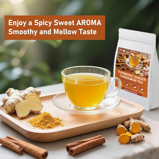 Turmeric Ginger Cinnamon Tea Bags, Pure Natural Ginger Turmeric Herbal Blend Tea with Cinnamon for Promoting Digestion, Boosts Immunity, Caffeine-Free, No Additives (120 Bags/1 Pack）