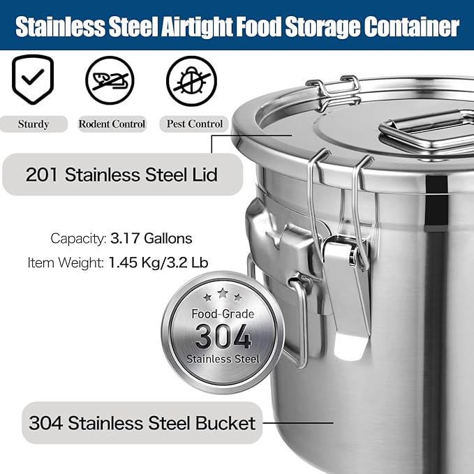 3.17Gal/12L Stainless Steel Airtight Canister, Airtight Food Storage Container with Lid and Lock Clips, 304 Stainless Steel Bucket for Rice, Flour, Grain, Coffee Bean