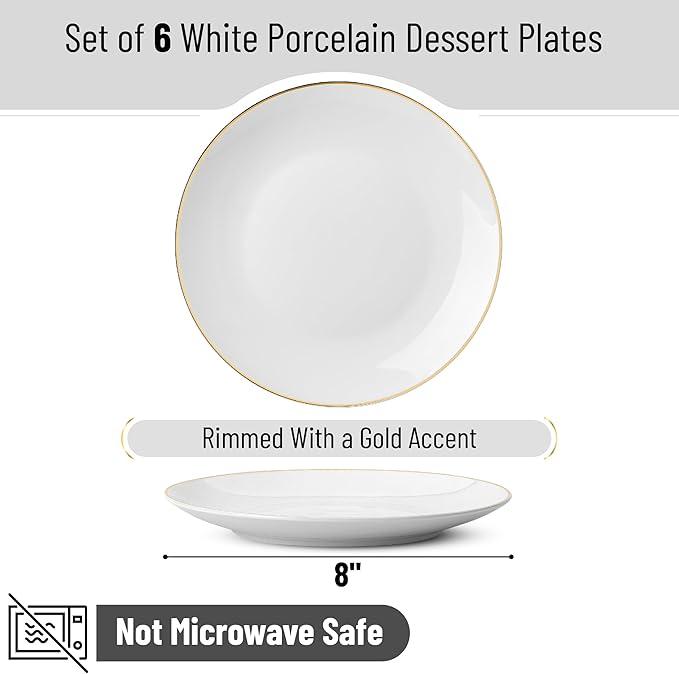 BTaT- White Dessert Plates with Gold Rim, Set of 6, 8" Round, Porcelain, Elegant Style, Dinner Plates