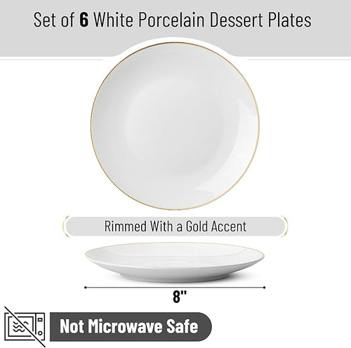 BTaT- White Dessert Plates with Gold Rim, Set of 6, 8" Round, Porcelain, Elegant Style, Dinner Plates