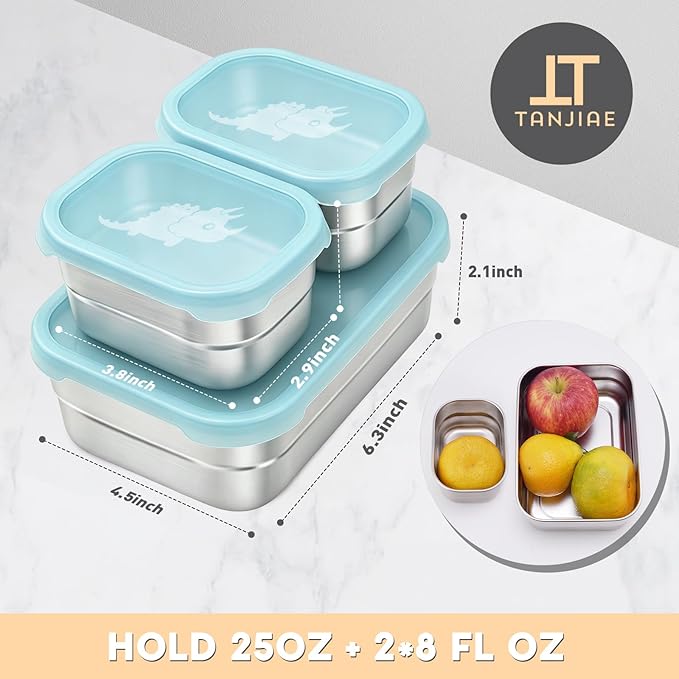 Tanjiae 3 CUP+1 CUP Stainless Steel Lunch Snack Containers Set | Leak Proof 304 Stainless Steel Food Containers with Silicone Lids - Perfect Metal Lunch Box for Home and Travel (25oz+8oz*2)