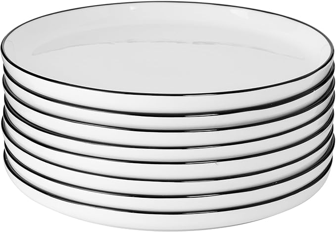 Gibson Home Oslo 8-Piece Porcelain Chip and Scratch Resistant Dinner Plate Set – White with Black Rim, Microwave & Dishwasher Safe