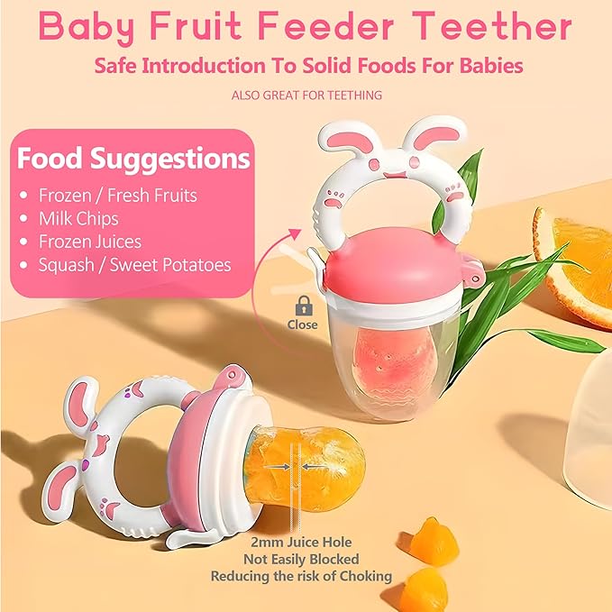 Baby Fruit Feeder Pacifier - 6 Pack | 2 Infant Food Feeder Pacifier & 2 Baby Food Dispensing Spoon | Fresh Fruit Teethers for Babies | Silicone Feeder Babies,Infant Teething Feeders -Pink