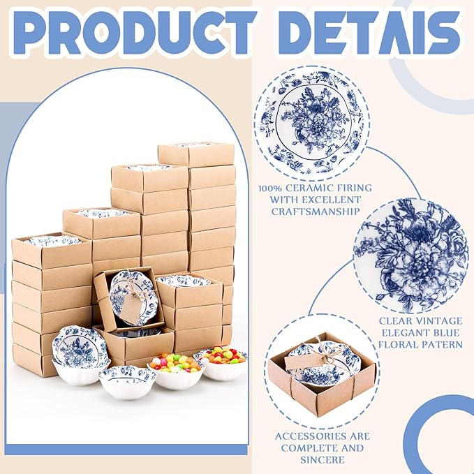 SiliFine 48 Pcs Wedding Favors for Guests Small Ceramic Bowl Bulk Gifts Set 3.3 Inch Floral Design Mini Dipping Sauce Dish with Card Box for Bridal Pooja Baby Shower Birthday (Flower,Blue)