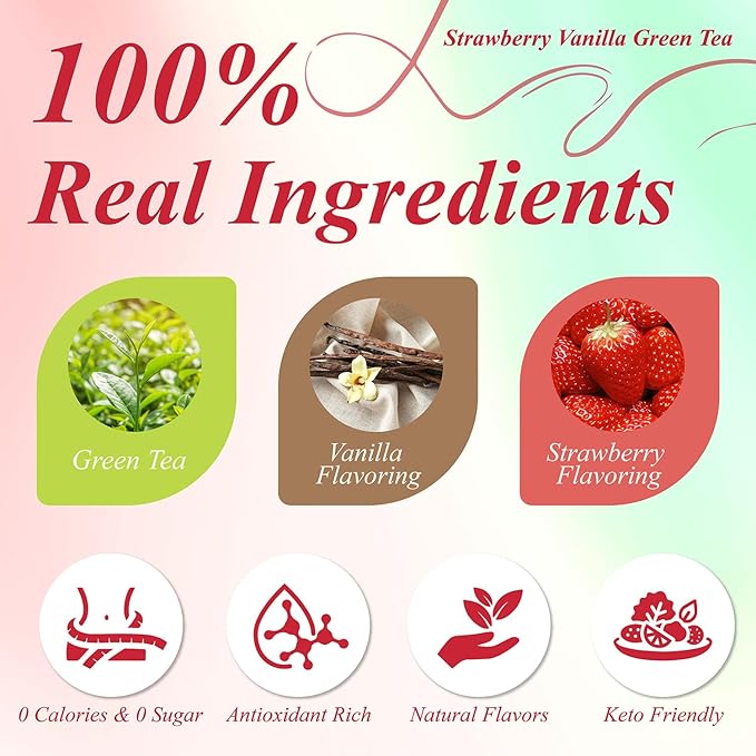 WT WEETEE Strawberry Vanilla Green Tea Bags 100 Count - Smooth & Decadent Dessert-Inspired Blend - Zero Calorie, Rich Antioxidants - Refreshing Iced or Hot