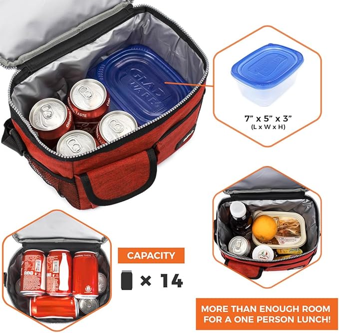 opux Insulated Lunch Box for Men Women Kids, Leakproof Reusable Lunch Bag Cooler for Work School Office, Soft Thermal Lunchbox Tote with Shoulder Strap for Boys Girls Adults, Heather Red, 14 Can/8L
