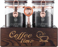 Glass Coffee Canister Set with Torched Wood Shelf, 2 Pack 45oz Airtight Storage Jars with Lids & Spoons, Large Kitchen Canisters for Coffee Beans, Sugar, Tea & Nuts