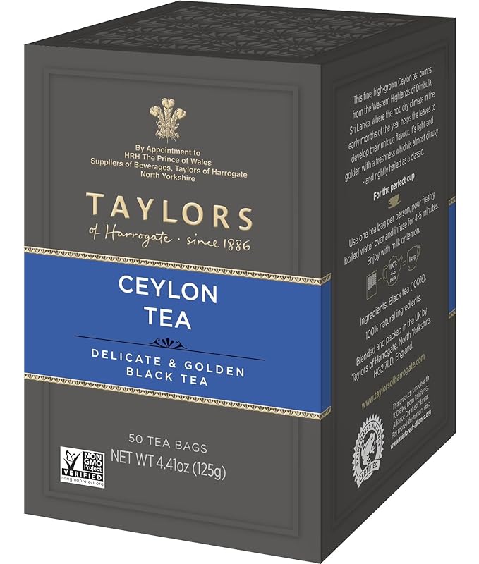 Taylors of Harrogate Pure Ceylon, Black Tea, Pillow Bags, 50 Count (Pack of 1), Bold, Bright & Brisk, Caffeinated, Enjoy Hot or Iced, 50 Teabags
