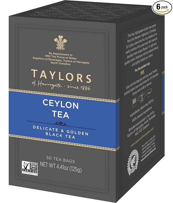 Taylors of Harrogate Pure Ceylon, Black Tea, Pillow Bags, 50 Count (Pack of 6), Bold, Bright, & Brisk, Caffeinated, Enjoy Hot or Iced, 300 Teabags Total