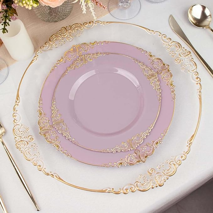 Efavormart 10 Pack | 10" Lavender and Gold Baroque Dinner Plates, Leaf Embossed Metallic Rim Heavy Duty Serving Plates for Whimsical Weddings