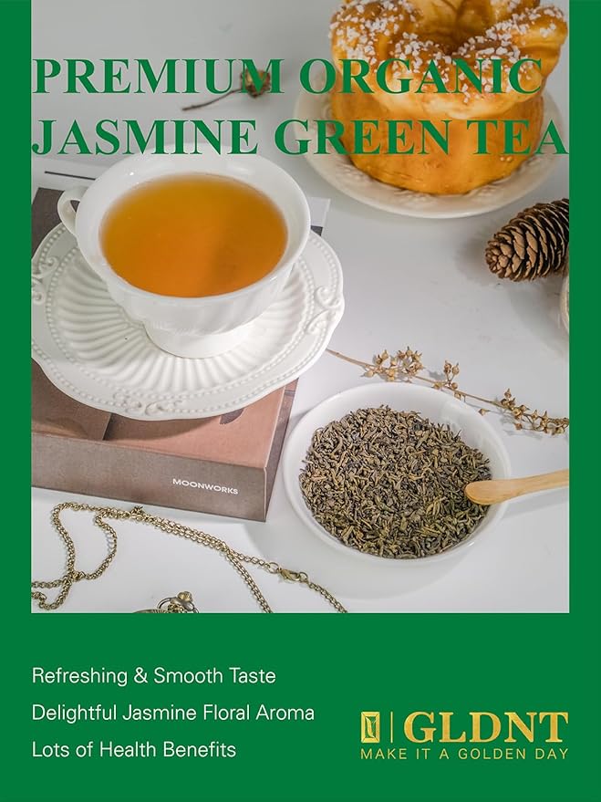 GLDNT Organic Jasmine Green Tea, Organic Jasmine Green Tea Loose leaf with Delightful Aroma, Delicate and smooth Flavor, Hot & Iced Tea, 16 Ounce