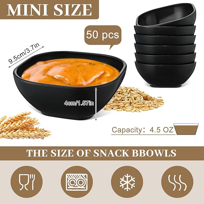 Gejoy 50 Pcs Wheat Straw Dipping Saucers Bowls 4.5 oz Unbreakable Small Soy Sauce Dishes Mini Prep Cups Dessert Snack Bowls Microwave Dishwasher Safe for Side Dish, Snacks, BBQ, Ketchup(Black)