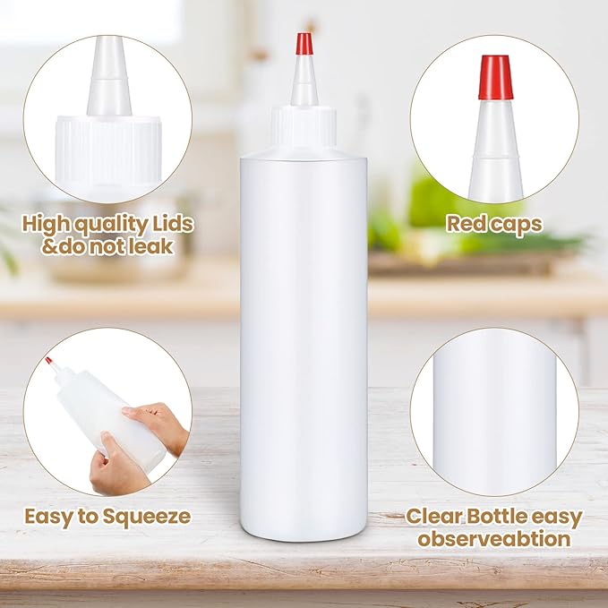 Irenare 30 Pack Plastic Condiment Squeeze Bottles for Sauces Empty Squirt Bottle with Top Cap for Condiment BBQ, Dressing, Paint, Workshop, Crafts(Red,16 oz)