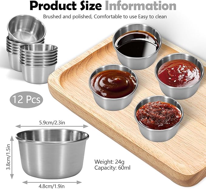 Huakaile 12 Pcs 2 oz Stainless Steel Dipping Sauce Cup, Mini Dip Bowls, Reusable Metal Condiment Cups Ramekins Containers for Ketchup Dressing Home Party Restaurant Kitchen (12PCS Silver)
