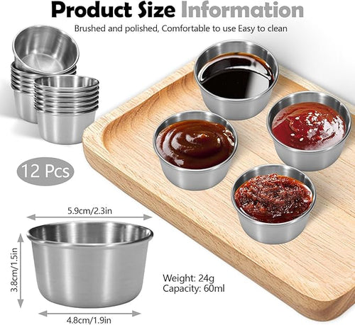 Huakaile 12 Pcs 2 oz Stainless Steel Dipping Sauce Cup, Mini Dip Bowls, Reusable Metal Condiment Cups Ramekins Containers for Ketchup Dressing Home Party Restaurant Kitchen (12PCS Silver)