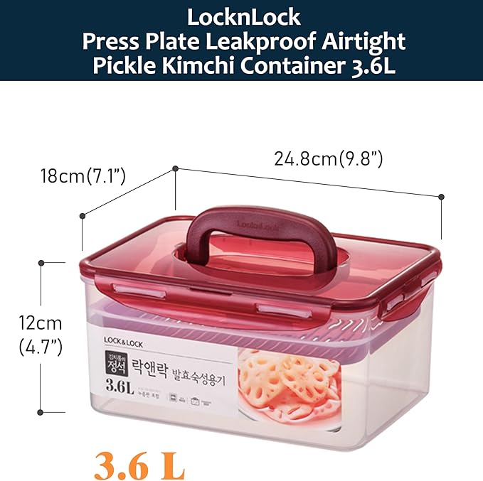 Lock & Lock BPA Free Rectangular Pickle Kimchi Press Ferment Storage Container (3.6L)