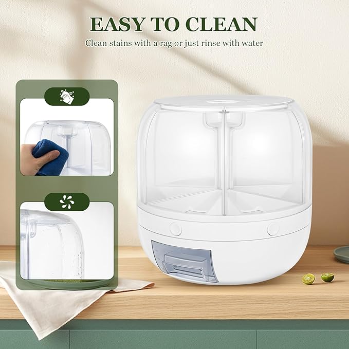 360° Rotating Grain Storage Container – Large Rice Dispenser with One-Click Output, Multi-Compartment Kitchen Organizer for Small Grains, Beans, Flour (Airtight & Stackable)