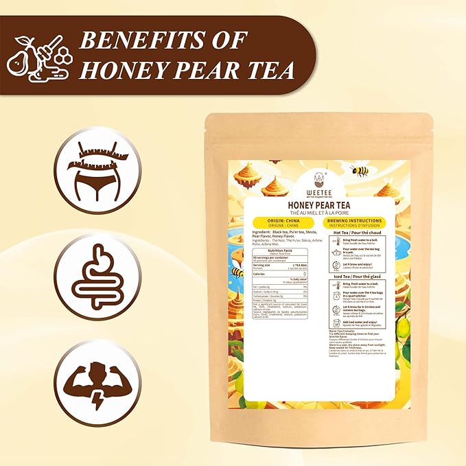 WT WEETEE Honey Pear Tea Bags 50 Count, Black & Puerh Tea Sweet Pear & Honey Flavor | Resealable Kraft Bag | Brew Hot or Iced