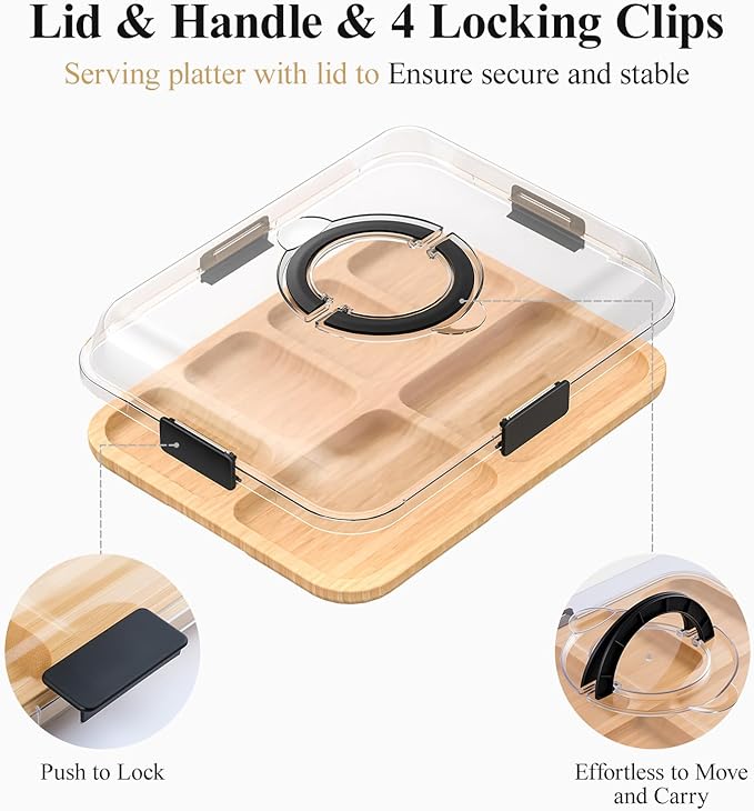 Charcuterie Board with Lid and Handle, Portable Travel Design Bamboo Cheese Board with Knife Set, Meat Fruit Serving Tray Platter, House Warming Gifts New Home, Gifts for Women, 6 Compartments