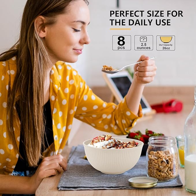 PYRMONT Unbreakable Cereal Bowl 26 OZ Wheat Straw Bowls Set of 8 Alternative Plastic Bowls Reusable Dishwasher & Microwave Safe Bowls for Kitchen Camping Bowls for Soup,Breakfast,Fruit-Beige