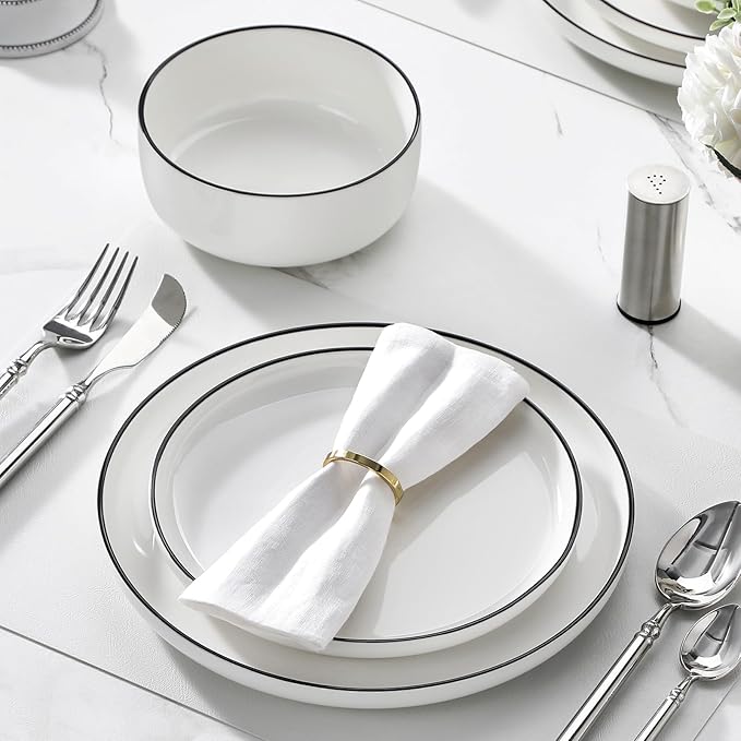 MALACASA Plates and Bowls Sets, 18 Pieces Modern Porcelain Dinnerware Set for 6 White Kitchen Dinner Ware Set wtih Black Rim Ceramic Dishware Dishes Microwave and Dishwasher Safe, Series LUNA