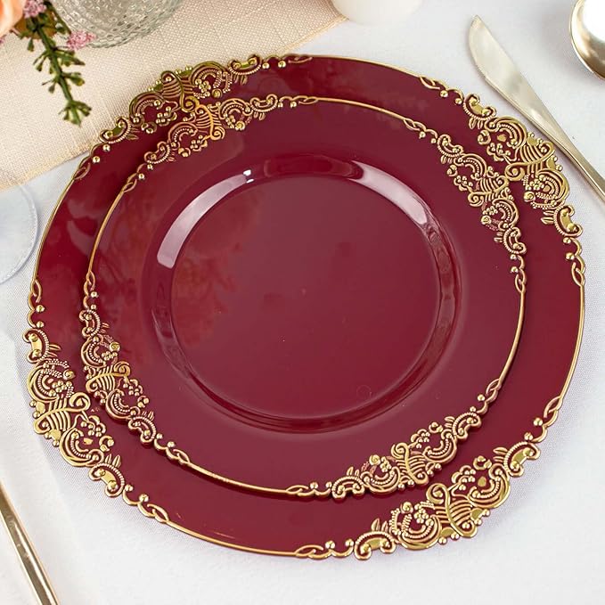 Efavormart 10 Pack | 8" Burgundy and Gold Baroque Dessert Plates, Leaf Embossed Metallic Rim Heavy Duty Appetizer Plates for Fall Harvest Parties