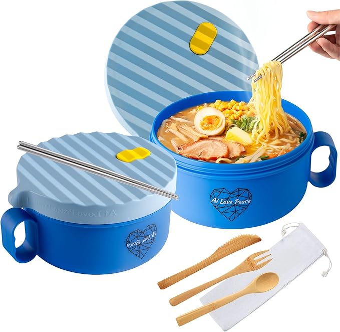 AI LOVE PEACE Microwave Ramen Bowl Set of 2, 40 oz Ramen Noodle Bowls with Lids, Microwave Noodle Bowl for Soup, Pho, Pasta, Rice & Oatmeal, Dishwasher Safe (2 x Blue)