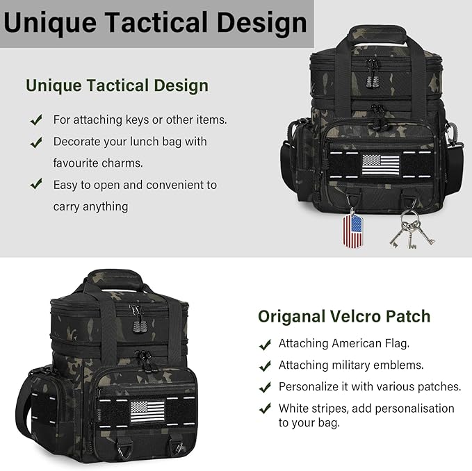 TENKIST Expandable Tactical Lunch Box, Large Insulated Lunch Cooler Bag Heavy Duty Leakproof Lunch Pail for Men Adults Work Office Outdoor Picnic Trips,16L,Black-Camo