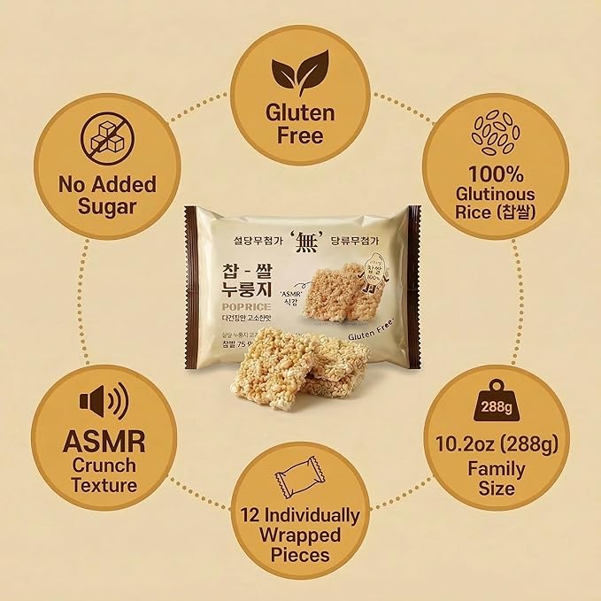 Korean Pop Rice Crackers Unsweetened Plain Nurungji Pop (찹쌀누룽지-무설탕) – Crispy Glutinous Rice Snack, Healthy Roasted, ASMR Texture, Individually Packed (Unsweetened Plain Nurungji Pop - 10.2oz (288g))
