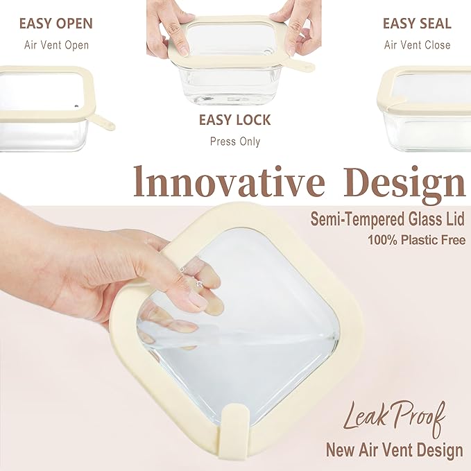 Urban Green Glass Food Storage Containers with Glass Lids, Microwave Safe Food Container Set, Airtight Meal Prep Containers, LeakProof, 100% Plastic Free, 6 Pack