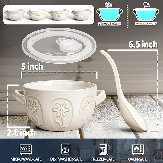 Artena French Onion Soup Bowls with Handles and lids & Spoons, 20 Oz Ceramic Soup Crocks Oven Safe Serving Bowls for Chili, Beef Stew, Cereal, Pot Pies, Embossment, Set of 4, White (Pinwheel Flower)