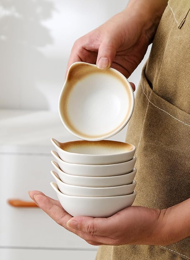 YJR Ceramic Side Dishes, Seasoning Dishes, Dipping Bowls - 4 Inch, for Ketchup Soy Sauce BBQ Party, Set of 6, Mocca
