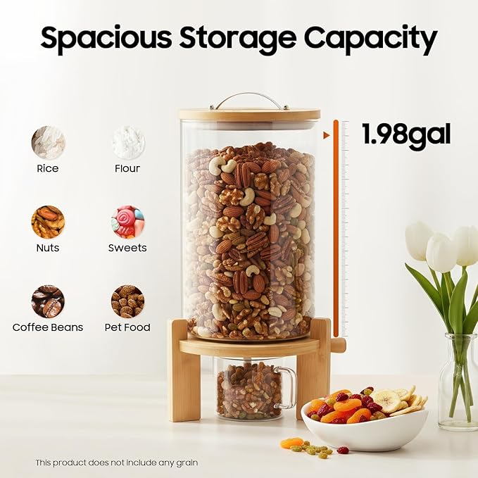 7.5L Cereal Containers Storage, Rice Glass Containers with Sealed Lids Freestanding Grain Dispenser Food Storage Bottles for Storing Rice, Flour, Coffee Beans