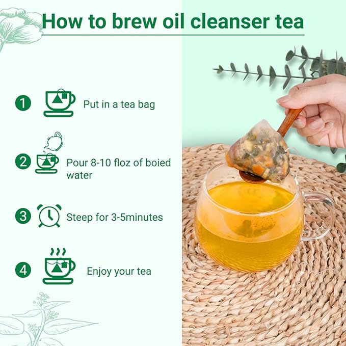 Oil Reducing Tea, 100% Pure & Natural Oil Cleansing Tea with 10 Precious Ingredients Formula for Liver Detoxification, Effectively Improve Intestinal Cleansing (1 Box/15 Bags)