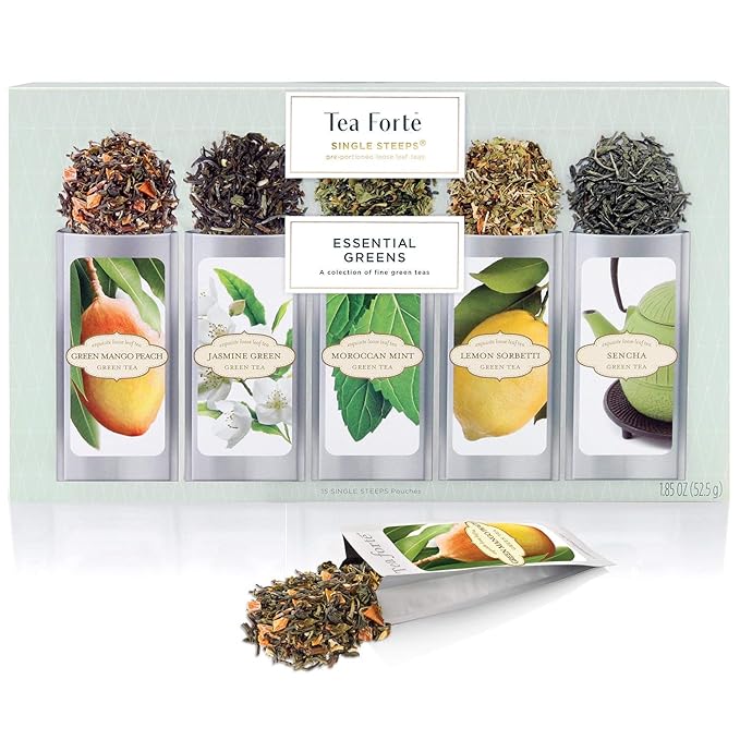 Tea Forte Single Steeps Loose Leaf Tea Sampler, Assorted Variety Tea Box, 15 Single Serve Pouches, Gifts for Mom, Green Tea
