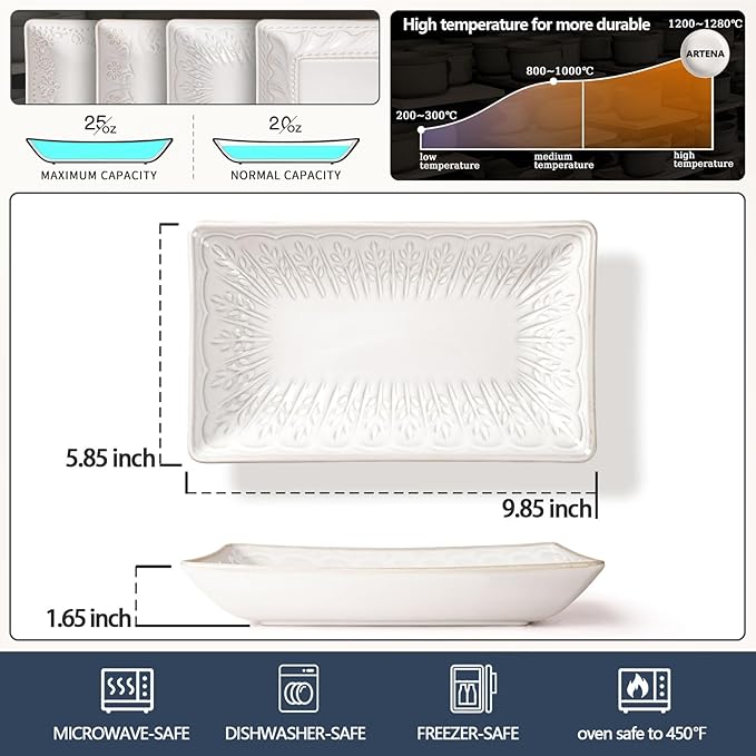Artena 9.85" Ceramic Rectangle Plates Set of 4 - Deep Lipped Edges, Appetizer Salad Sushi Pasta Dessert Plates, Microwave/Oven Safe, Cute Kitchen Dinner Restaurant Serving Dishes (Wheat Leaf)