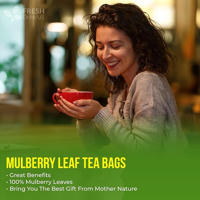 FreshDrinkUS Premium 75 Mulberry Leaf Tea Bags, 100% Natural & Pure. Loose Leaf Herbal Tea. Made with Natural Material Tea Bags. No Sugar, No Caffeine, No Gluten, Vegan