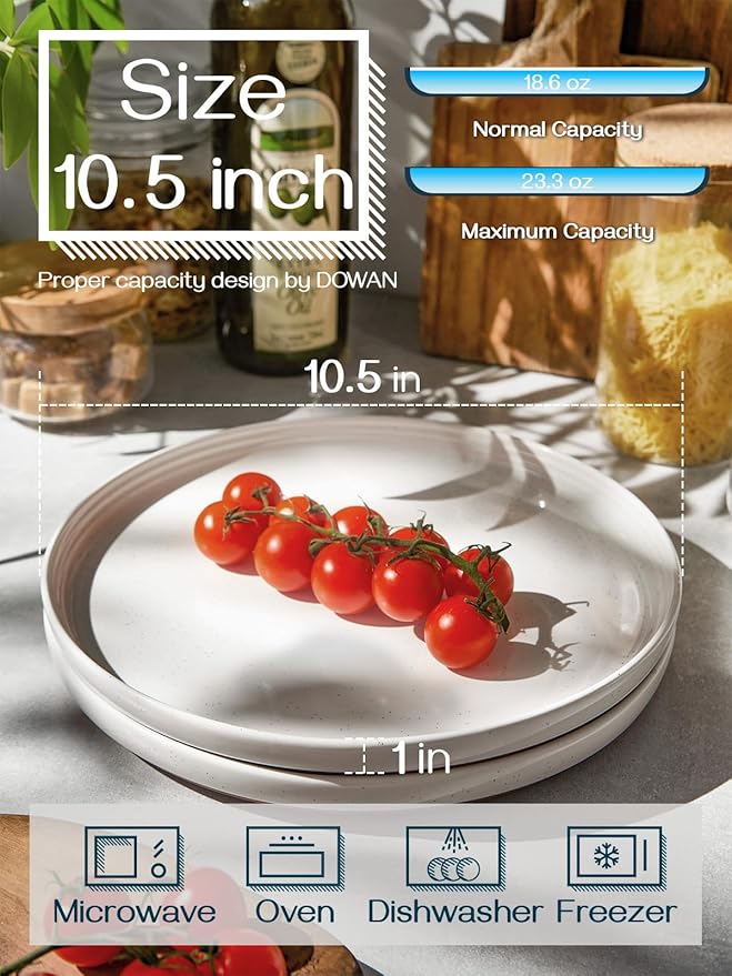 DOWAN 10.5" Large Dinner Plates Set of 6, High Edge Ceramic Plate - Microwave, Oven & Dishwasher Safe, Durable, Modern Dinnerware - Kitchen Porcelain Dish - Khaki White