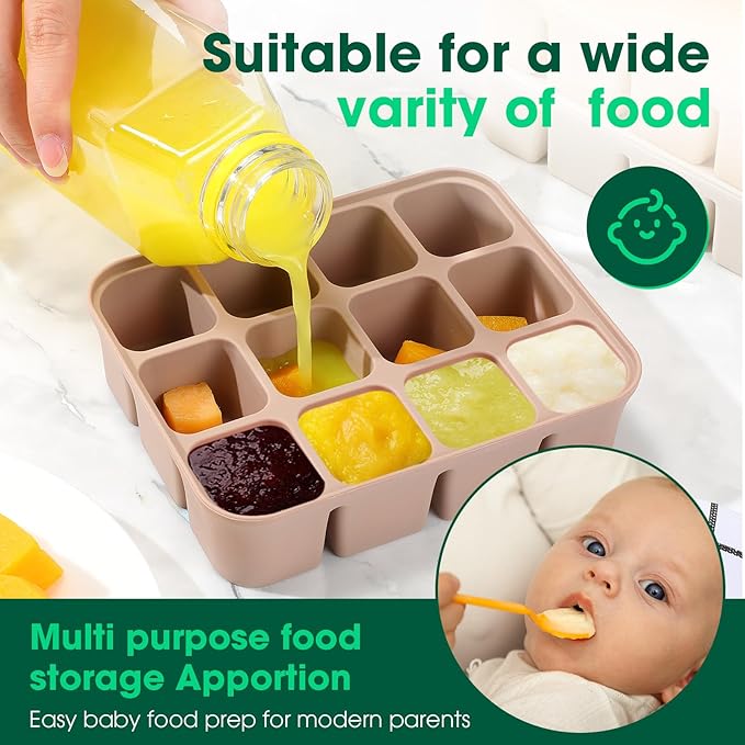 Mimorou 3 Pack Baby Food Freezer Tray with Lids 2.13 oz x 6 Cups/1.15 oz x 12 Cups Silicone Baby Food Storage Container Ice Cube Molds for Homemade Vegetable Fruit Snack(12 Cups,White, Yellow, Brown)